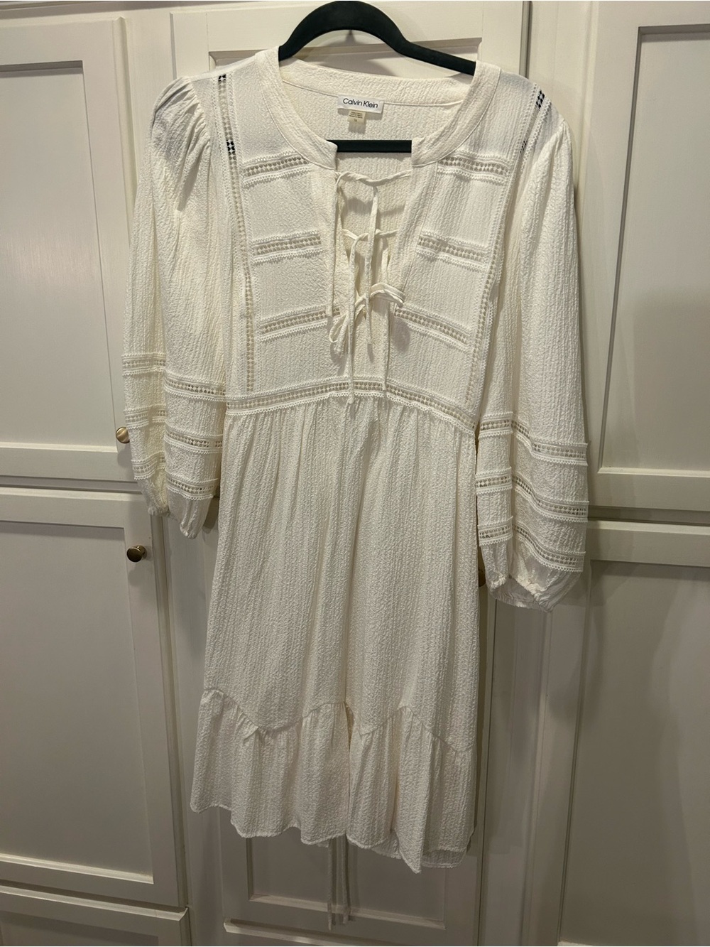 Calvin Klein Ivory Lace-Up Peasant Mini Dress